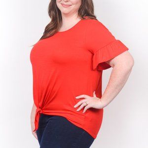 Annabelle Poppy Red Tie Front & Ruffle Sleeve Tee